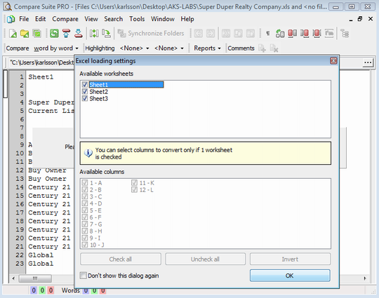 Compare cells in Excel using Compare Suite