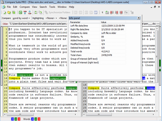 File info panel in Compare Suite